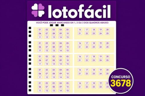 Cartão de Loteria Lotofácil 3678, com números e símbolos para o jogo de sorteio.