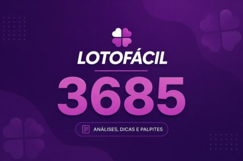 Imagem de divulgação da LotoFácil 3685 em destaque, fundo roxo e rosa com ícone de quatro formas e chamada “Análises, Dicas e Palpites”.