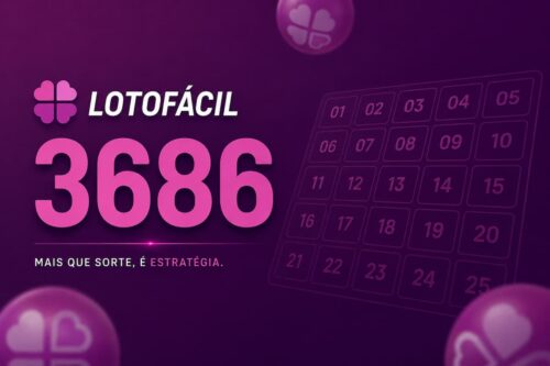 Divulgação da aposta Lotofácil 3686 em destaque no centro, fundo roxo com elementos gráficos.