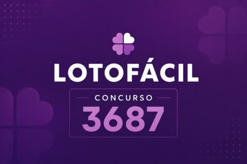 Lotofácil 3687, ícone de sorte e a indicação do concurso, em fundo roxo com formas abstratas e efeito de brilho.