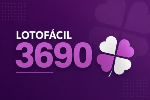 Arte minimalista da Lotofácil 3690 com fundo roxo escuro e trevo estilizado em destaque.