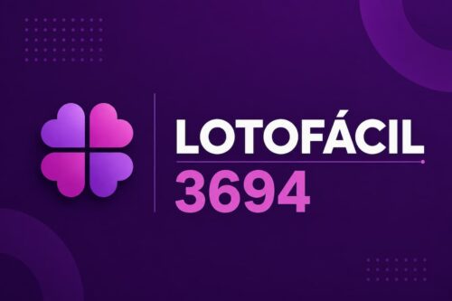 Arte minimalista da Lotofácil 3694 em fundo roxo escuro com elementos gráficos modernos e tipografia destacada.