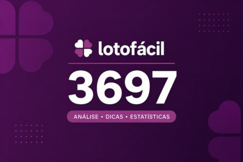 Imagem minimalista da Lotofácil 3697 com fundo roxo escuro e destaque para número do concurso.