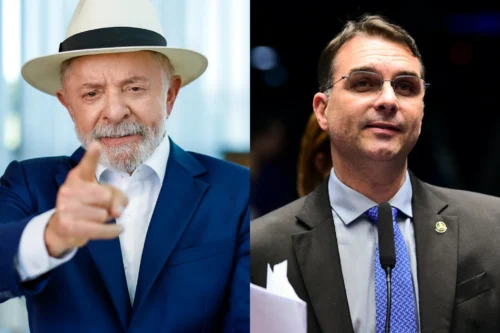 Lula e Flávio Bolsonaro em montagem sobre pesquisa eleitoral na Paraíba para 2026.