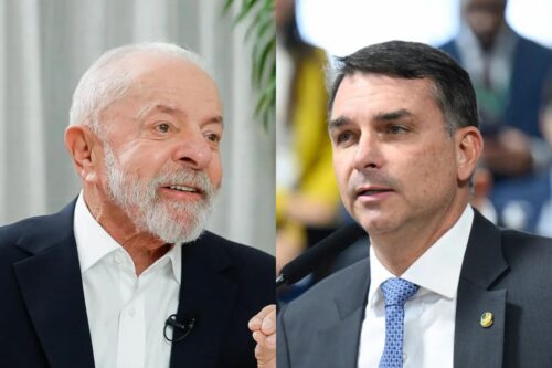 Presidente Lula e senador Flávio Bolsonaro em montagem sobre pesquisa eleitoral Atlas/Bloomberg de 2026.