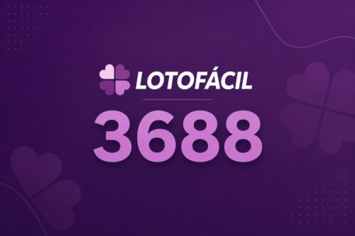 Imagem promocional da Lotofácil 3688 em destaque, fundo roxo e elementos gráficos decorativos como trevos e formas abstratas.
