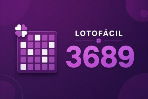 Arte minimalista da Lotofácil 3689 com fundo roxo escuro, grade de números e visual moderno.