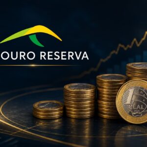 Moedas de real empilhadas ao lado do símbolo do Tesouro Reserva com gráfico de crescimento ao fundo.