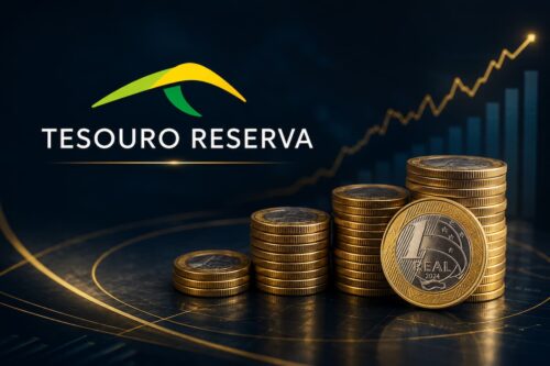Moedas de real empilhadas ao lado do símbolo do Tesouro Reserva com gráfico de crescimento ao fundo.