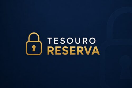 Logo minimalista do Tesouro Reserva em fundo azul escuro com ícone de cadeado dourado.