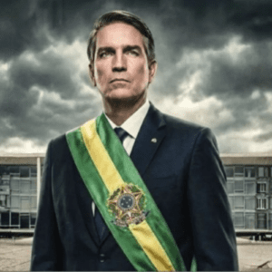 Imagem do poster de Dark Horse, filme contando a história de Bolsonaro, mostrando um homem de meia-idade, com cabelos castanhos penteados de lado e expressão séria. Ele veste um terno escuro e uma faixa presidencial com as cores verde e amarela do Brasil. Ao fundo, sob um céu nublado e tempestuoso, destaca-se o Palácio do Planalto, em Brasília.