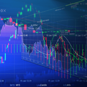 Gráfico de Forex em crescimento e mapa de pontos no papel de parede Blue Night City. Investimento, mercado de ações.