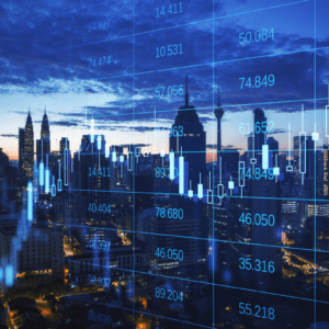 Grade gráfica Forex brilhante abstrata e holograma de big data em fundo embaçado de uma cidade noturna.