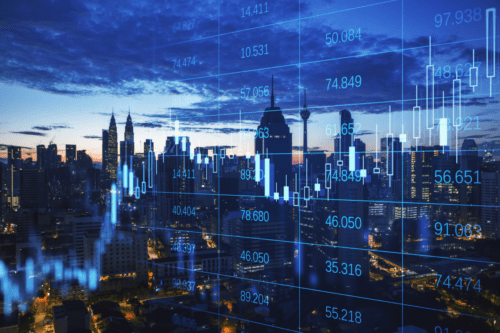 Grade gráfica Forex brilhante abstrata e holograma de big data em fundo embaçado de uma cidade noturna.