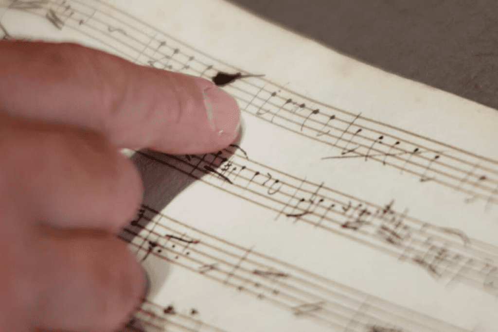 Uma pessoa aponta com o dedo indicador para uma mancha escura de tinta em uma partitura musical antiga, escrita à mão.