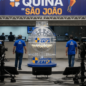 Fotografia em plano médio do estúdio de gravação do sorteio da loteria "Quina de São João", promovida pelas Loterias Caixa. No centro, destaca-se um grande globo acrílico transparente cheio de bolinhas numeradas. Dois homens de costas, vestindo camisetas azuis com o logotipo das Loterias Caixa e calças jeans, estão posicionados nas laterais do globo. Na parte superior, há um grande banner azul e amarelo com a inscrição "QUINA DE SÃO JOÃO", decorado com elementos festivos juninos, como bandeirinhas e espigas de milho. O primeiro plano exibe câmeras de transmissão profissional em tripés e cabos espalhados pelo chão, enquanto ao fundo observa-se a sala de controle com monitores e técnicos trabalhando.