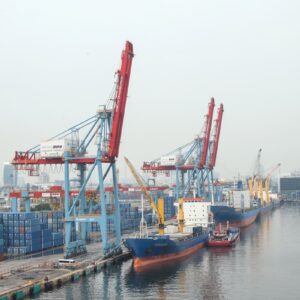 Navios cargueiros atracados em porto com contêineres e guindastes, ilustrando exportações e comércio exterior brasileiro.