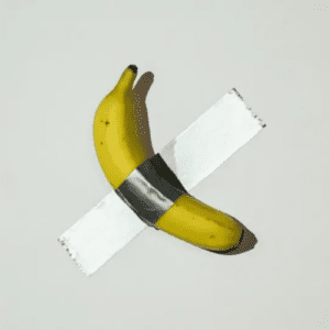 Uma banana amarela e madura colada diagonalmente em uma parede branca com um pedaço de fita adesiva prateada (duck tape). A obra está iluminada de forma a projetar uma sombra sutil na parede. Esta é a famosa obra de arte conceitual intitulada "Comedian", criada pelo artista italiano Maurizio Cattelan.