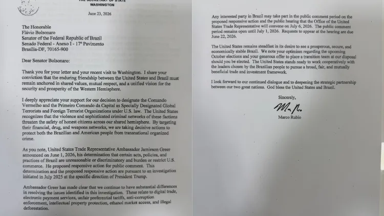 Carta de Marco Rubio a Flávio Bolsonaro.