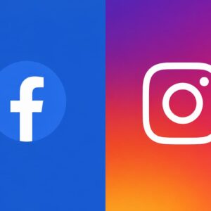 Logotipos do Facebook e Instagram lado a lado em composição minimalista, com fundos azul e degradê em tons de rosa, laranja e roxo.