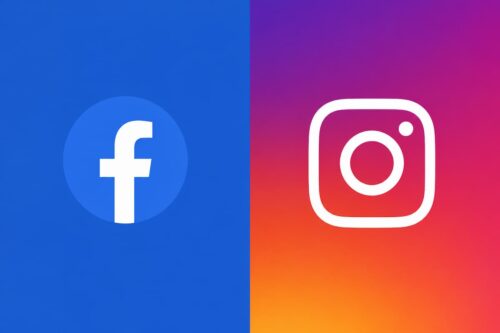 Logotipos do Facebook e Instagram lado a lado em composição minimalista, com fundos azul e degradê em tons de rosa, laranja e roxo.