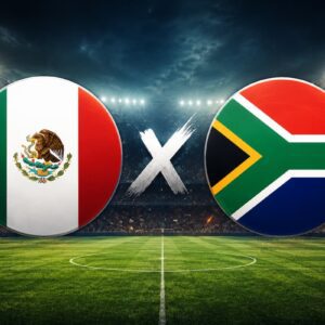 México e África do Sul se enfrentam na abertura da Copa do Mundo 2026 em estádio iluminado e campo de futebol.