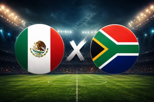 México e África do Sul se enfrentam na abertura da Copa do Mundo 2026 em estádio iluminado e campo de futebol.