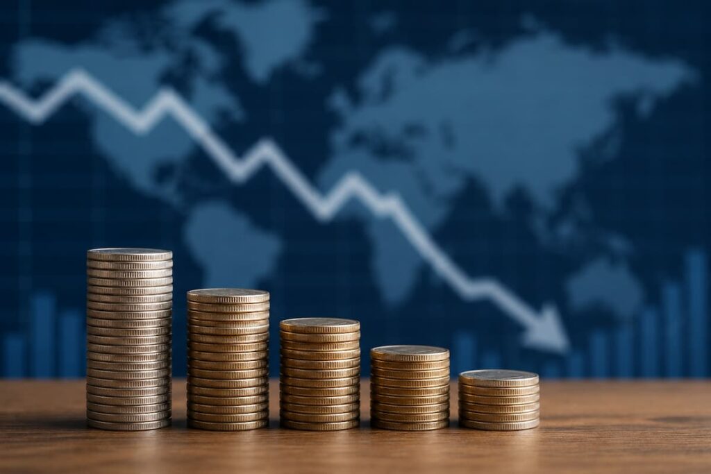 Pilhas de moedas em queda diante de gráfico financeiro descendente, ilustrando desaceleração da inflação e da economia.