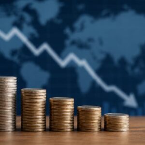 Pilhas de moedas em queda diante de gráfico financeiro descendente, ilustrando desaceleração da inflação e da economia.