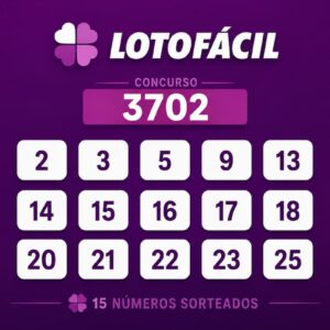 Resultado da Lotofácil 3702 com os 15 números sorteados em destaque sobre fundo roxo, em layout minimalista.