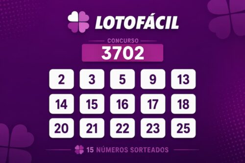 Resultado da Lotofácil 3702 com os 15 números sorteados em destaque sobre fundo roxo, em layout minimalista.