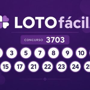 Imagem minimalista da Lotofácil 3703 com fundo roxo e os 15 números sorteados destacados em círculos brancos.