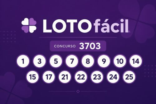 Imagem minimalista da Lotofácil 3703 com fundo roxo e os 15 números sorteados destacados em círculos brancos.