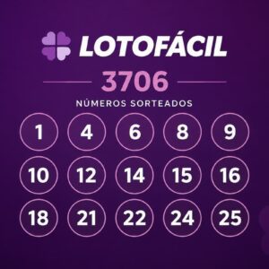 Resultado da Lotofácil 3706 com os 15 números sorteados destacados em layout minimalista sobre fundo roxo escuro.