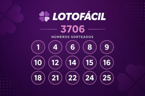 Resultado da Lotofácil 3706 com os 15 números sorteados destacados em layout minimalista sobre fundo roxo escuro.