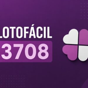 Arte minimalista da Lotofácil 3708 com fundo roxo escuro, trevo estilizado e elementos gráficos modernos em destaque.