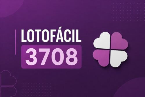 Arte minimalista da Lotofácil 3708 com fundo roxo escuro, trevo estilizado e elementos gráficos modernos em destaque.