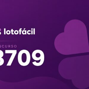 Arte minimalista da Lotofácil concurso 3709 com fundo roxo escuro, trevo estilizado e destaque para o número do sorteio.