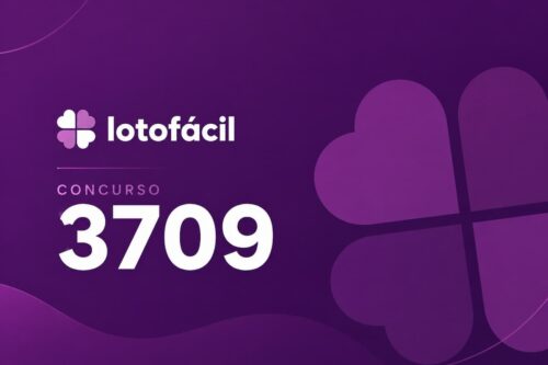 Arte minimalista da Lotofácil concurso 3709 com fundo roxo escuro, trevo estilizado e destaque para o número do sorteio.