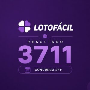 Resultado do concurso 3711 da Lotofácil em arte minimalista com fundo roxo escuro e destaque central para o sorteio.