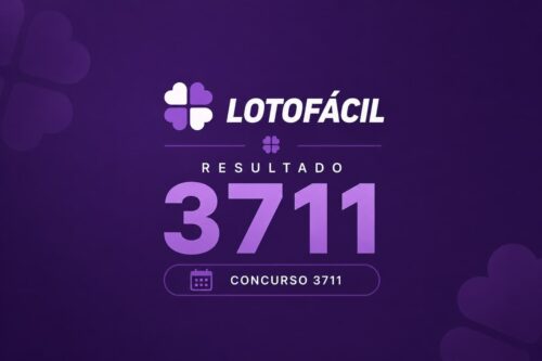 Resultado do concurso 3711 da Lotofácil em arte minimalista com fundo roxo escuro e destaque central para o sorteio.