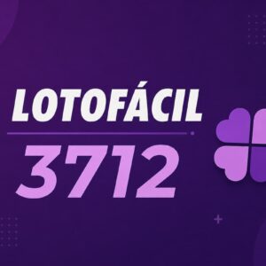 Arte minimalista da Lotofácil 3712 com fundo roxo escuro, trevo estilizado e destaque para o número do concurso.