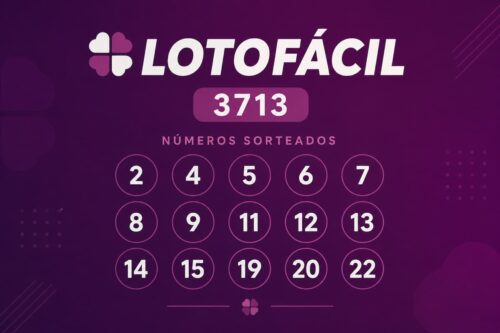 Resultado da Lotofácil 3713 com números sorteados destacados em layout minimalista sobre fundo roxo escuro.