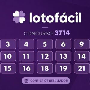 Resultado da Lotofácil 3714 exibido em layout minimalista com números sorteados sobre fundo roxo escuro.