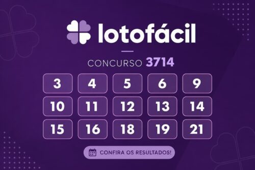 Resultado da Lotofácil 3714 exibido em layout minimalista com números sorteados sobre fundo roxo escuro.