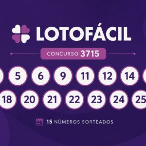 Resultado da Lotofácil 3715 com os 15 números sorteados em destaque sobre fundo roxo em design minimalista.