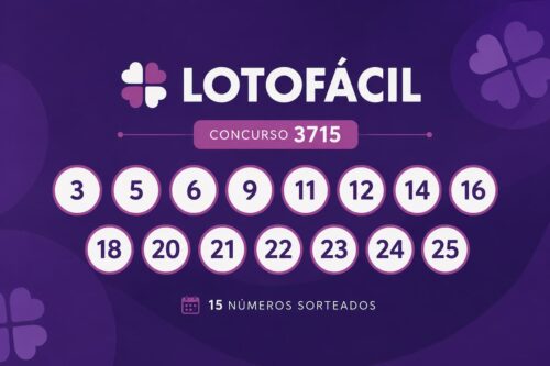 Resultado da Lotofácil 3715 com os 15 números sorteados em destaque sobre fundo roxo em design minimalista.