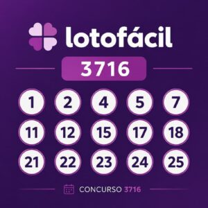 Resultado da Lotofácil 3716 com os 15 números sorteados exibidos em destaque sobre fundo roxo em layout minimalista.