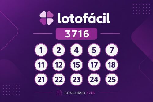 Resultado da Lotofácil 3716 com os 15 números sorteados exibidos em destaque sobre fundo roxo em layout minimalista.