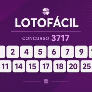 Resultado do concurso 3717 da Lotofácil com os 15 números sorteados em destaque sobre fundo roxo minimalista.